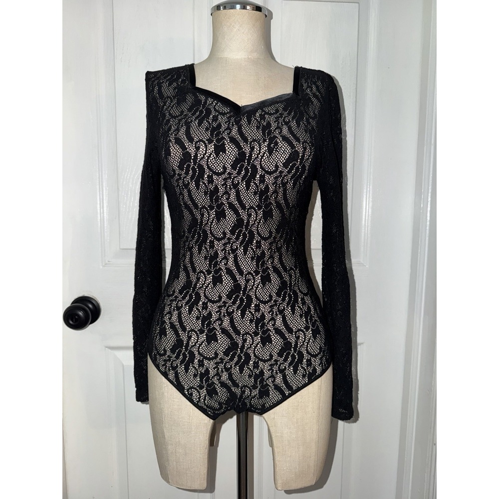 VTG VS Victoria's Secret Gold Label Sheer Black Lace Bodysuit Size S Long Sleeve